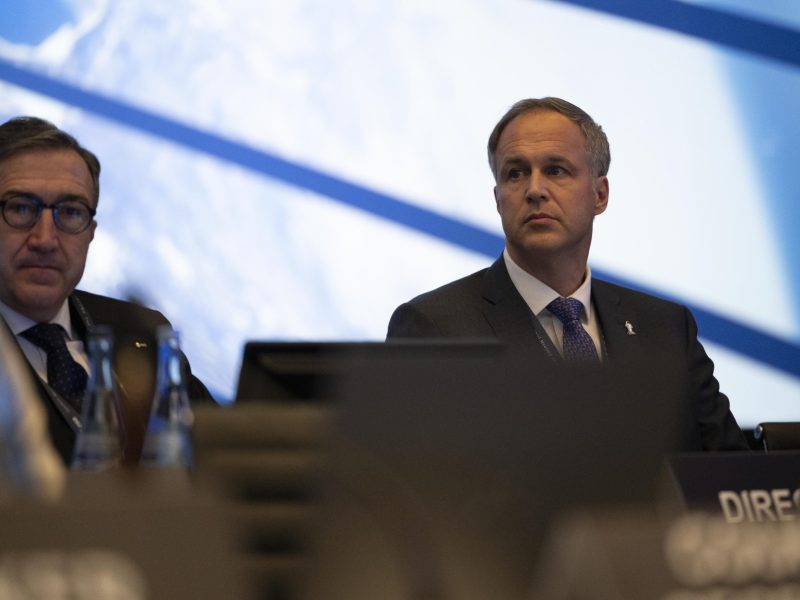 Daniel Neuenschwander, ESA’s Director of Human and Robotic Exploration (right) speaks during the ministerial conference. Credit: ESA