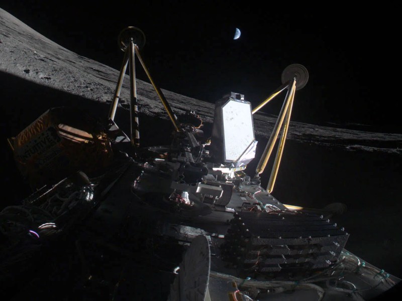 Intuitive Machines' Athena lunar lander, sitting on its side, after experiencing problems landing near the moon’s south pole March 6. Credit: Intuitive Machines