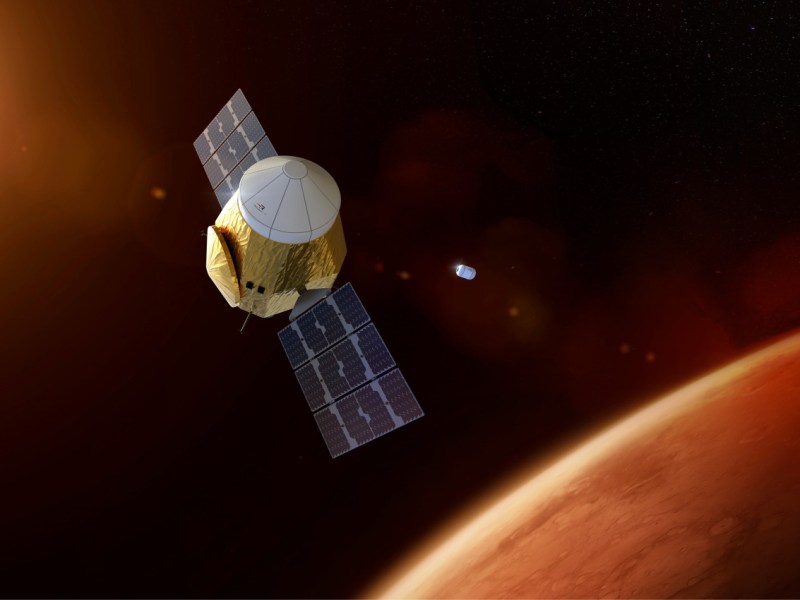 An illustration of Rocket Lab’s proposed Earth Return Orbiter, which would capture a container of samples launched from the Martian surface to return to Earth. Credit: Rocket Lab