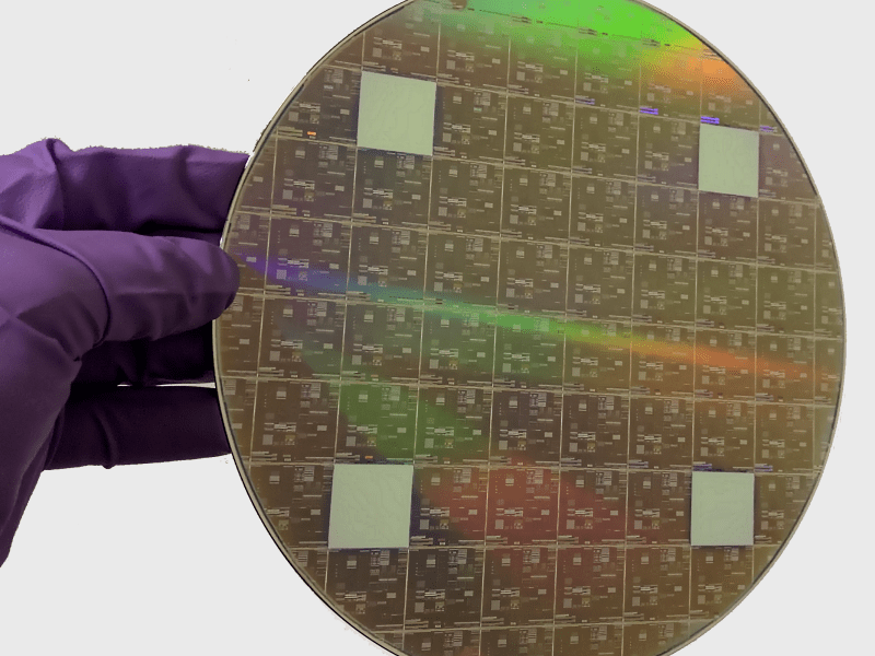 Photo of a 200mm silicon wafer. Credit: Goldenvu via Wikimedia Commons; CC BY-SA 4.0