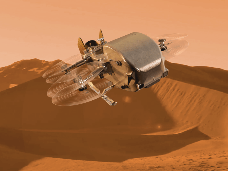 Illustration of the Dragonfly, a carsized, nuclearpowered octocopter being designed to explore other worlds. Credit: Johns Hopkins Applied Physics Laboratory